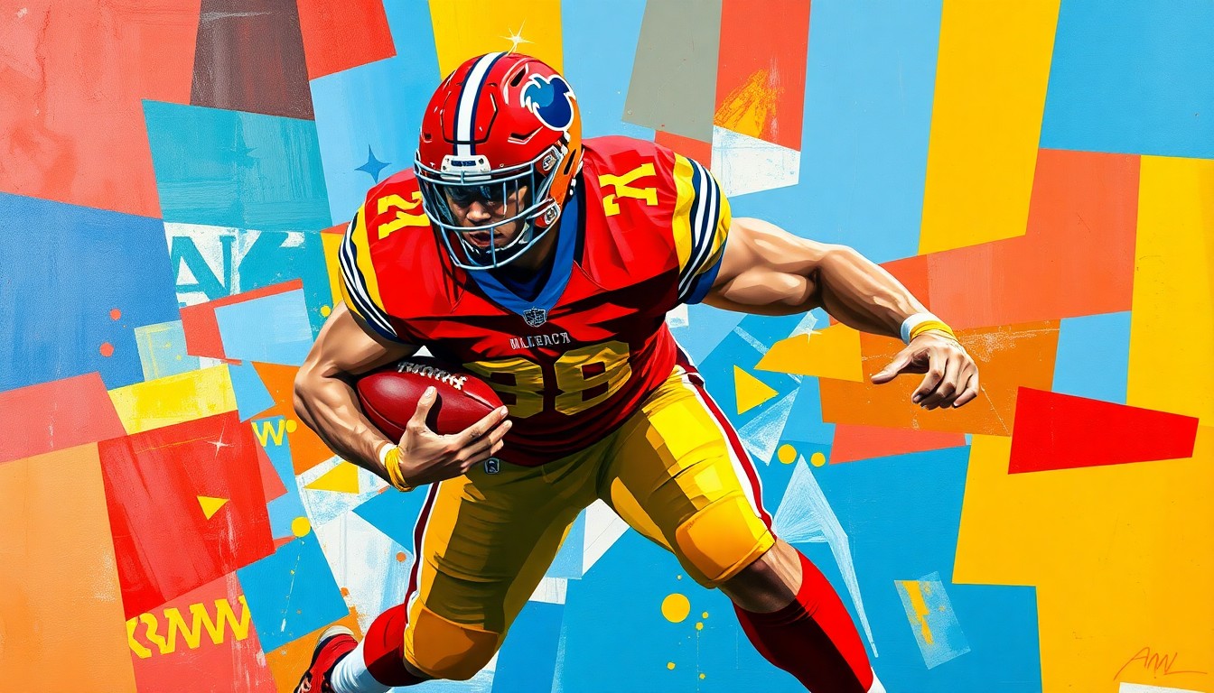 A cubist, geometric painting depicting an Arizona Wildcats defensive lineman making a tackle, with sharp, overlapping planes of red, blue, and gold representing the team's uniform colors.