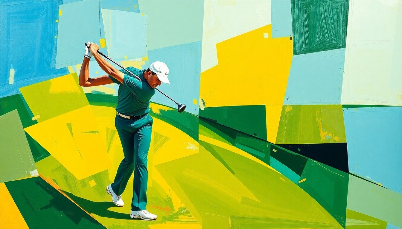 A cubist, geometric painting depicting a golfer's swing broken down into overlapping planes of green, blue, and yellow, conveying the dynamic motion and energy of the sport.