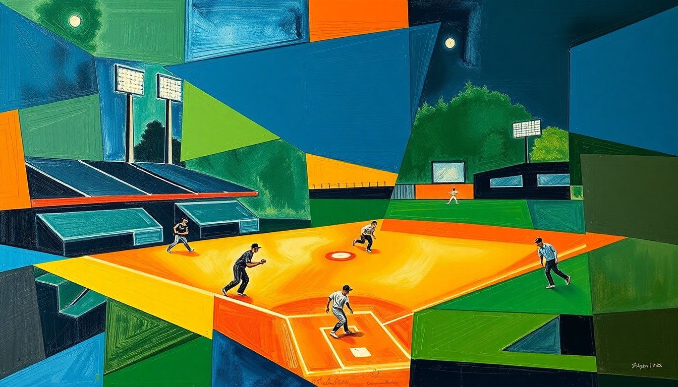 A cubist, geometric painting depicting a fractured, multi-angle view of a softball game, with sharp planes of navy, green, and orange intersecting to create a dynamic, abstract composition.