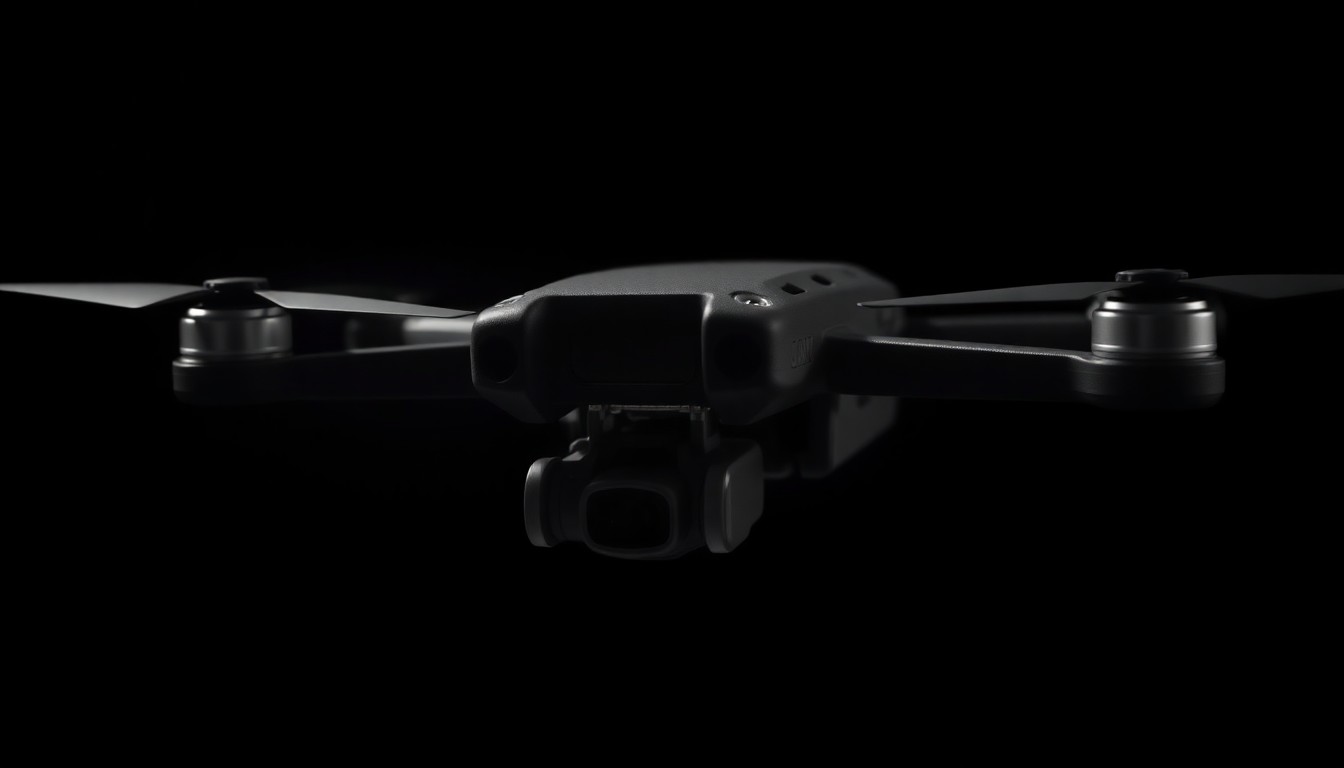 An extreme close-up photograph of a disassembled drone component, such as a circuit board or propeller, lit by a harsh, direct camera flash against a pitch-black background, conceptually illustrating the alleged arms trafficking activity.