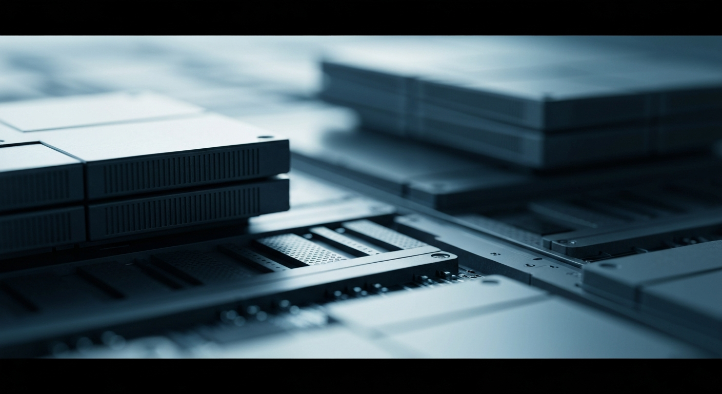 An extreme close-up of interlocking gears, circuit boards, and metallic components in shades of silver, black, and blue, conceptually representing the complex machinery and infrastructure of the data storage industry.