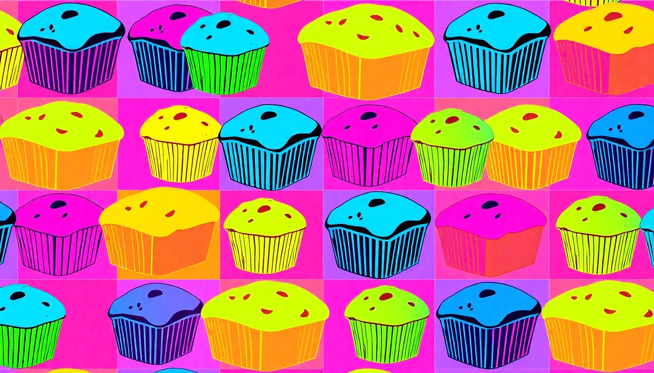 A bold, colorful grid of stylized baked goods in neon shades of pink, green, and blue, conceptually representing the rise of allergy-conscious bakeries in New Jersey communities.