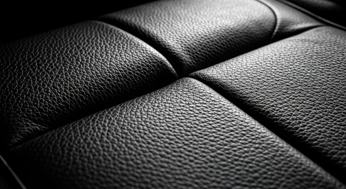 An extreme close-up photograph of the worn, pebbled leather surface of an old car seat, capturing the textures and imperfections that convey the passage of time and the history of the vehicle.