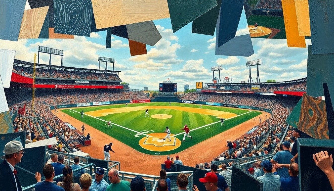 A cubist, geometric painting depicting a college baseball game, with players and the field broken down into sharp, overlapping shapes and planes of color.