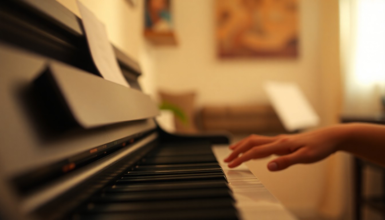 A softly blurred, impressionistic photograph in warm tones depicting the hands of a piano teacher and a student playing together, conveying the intimate and timeless nature of music education.