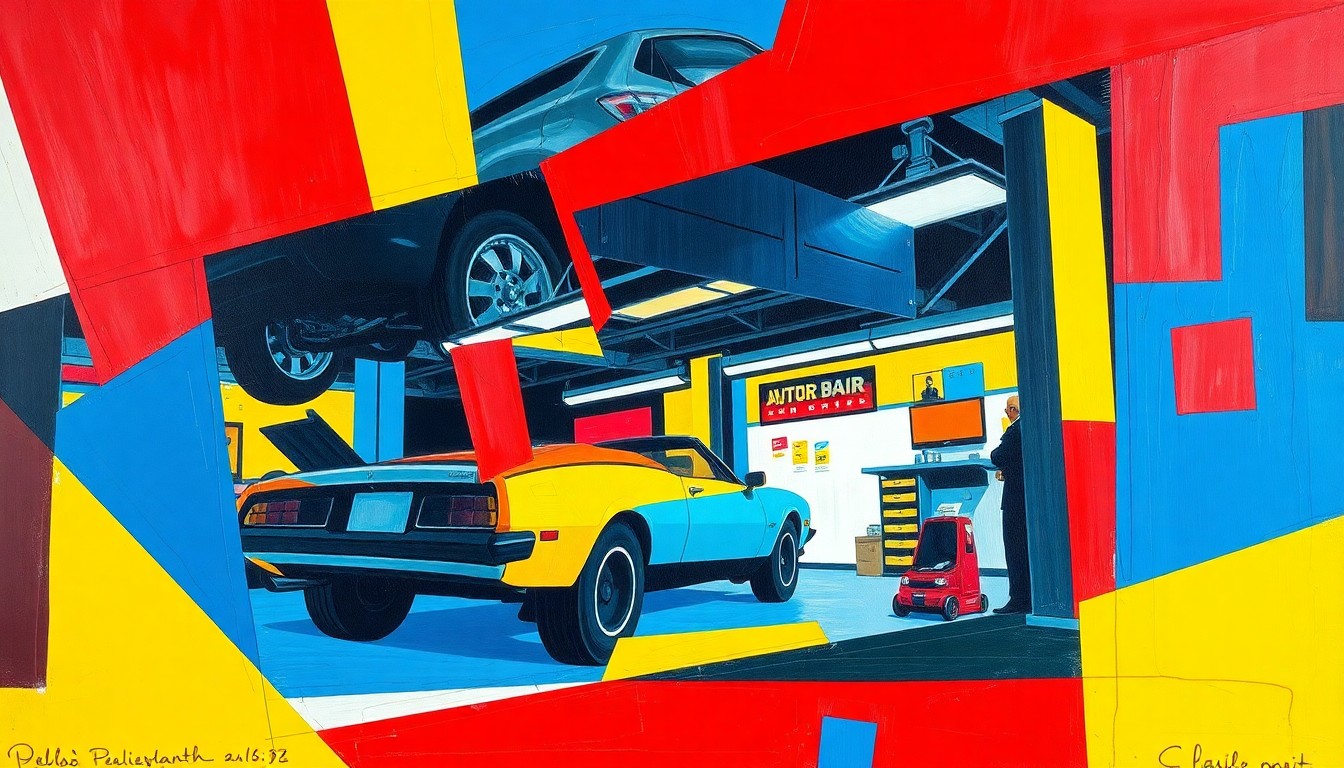 A cubist-style painting depicting the various elements of an auto repair shop, including tools, car parts, and signage, broken down into sharp, geometric shapes and planes of color, conveying the changing nature of the industry.