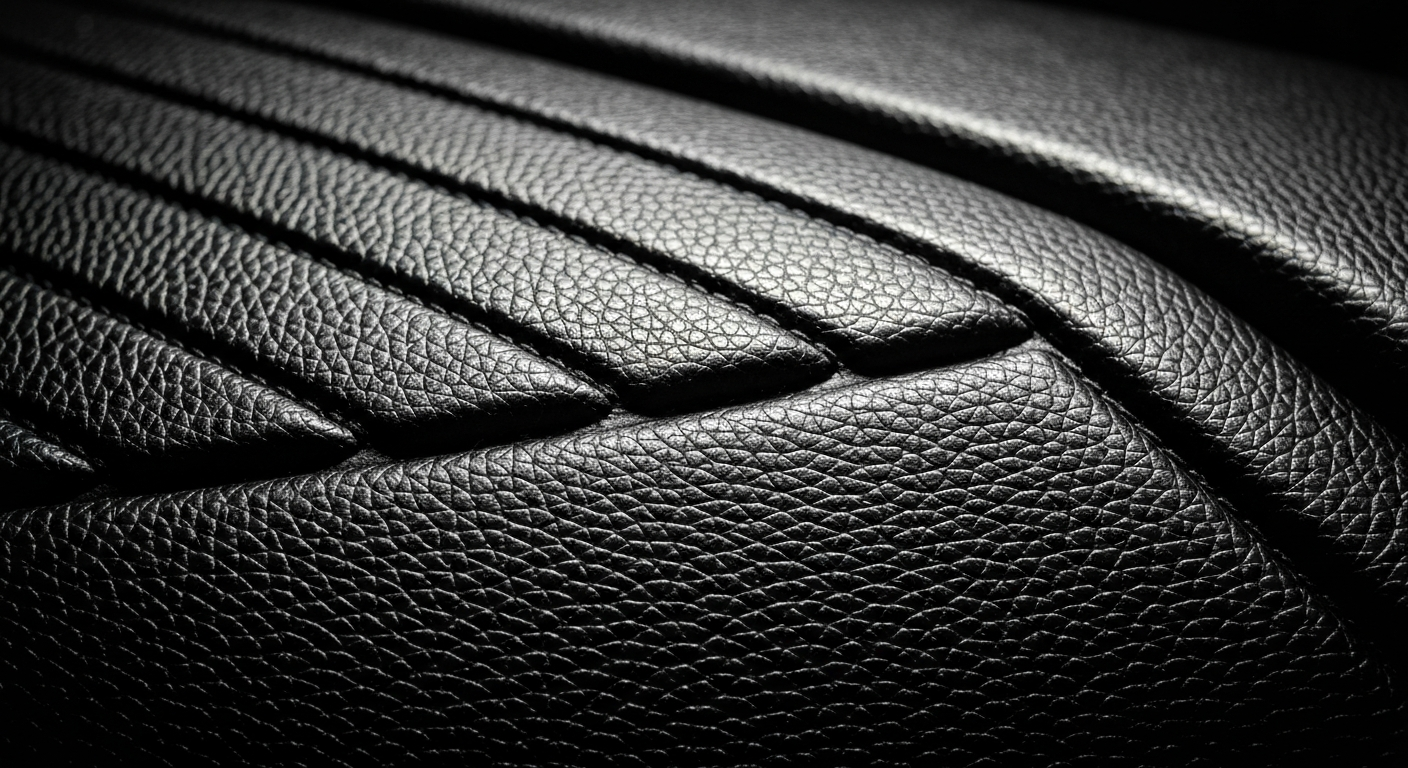 An extreme close-up of a finely textured automotive surface, such as pebbled leather or woven mesh, captured in dramatic lighting to highlight the raw materials and engineering behind the industry.