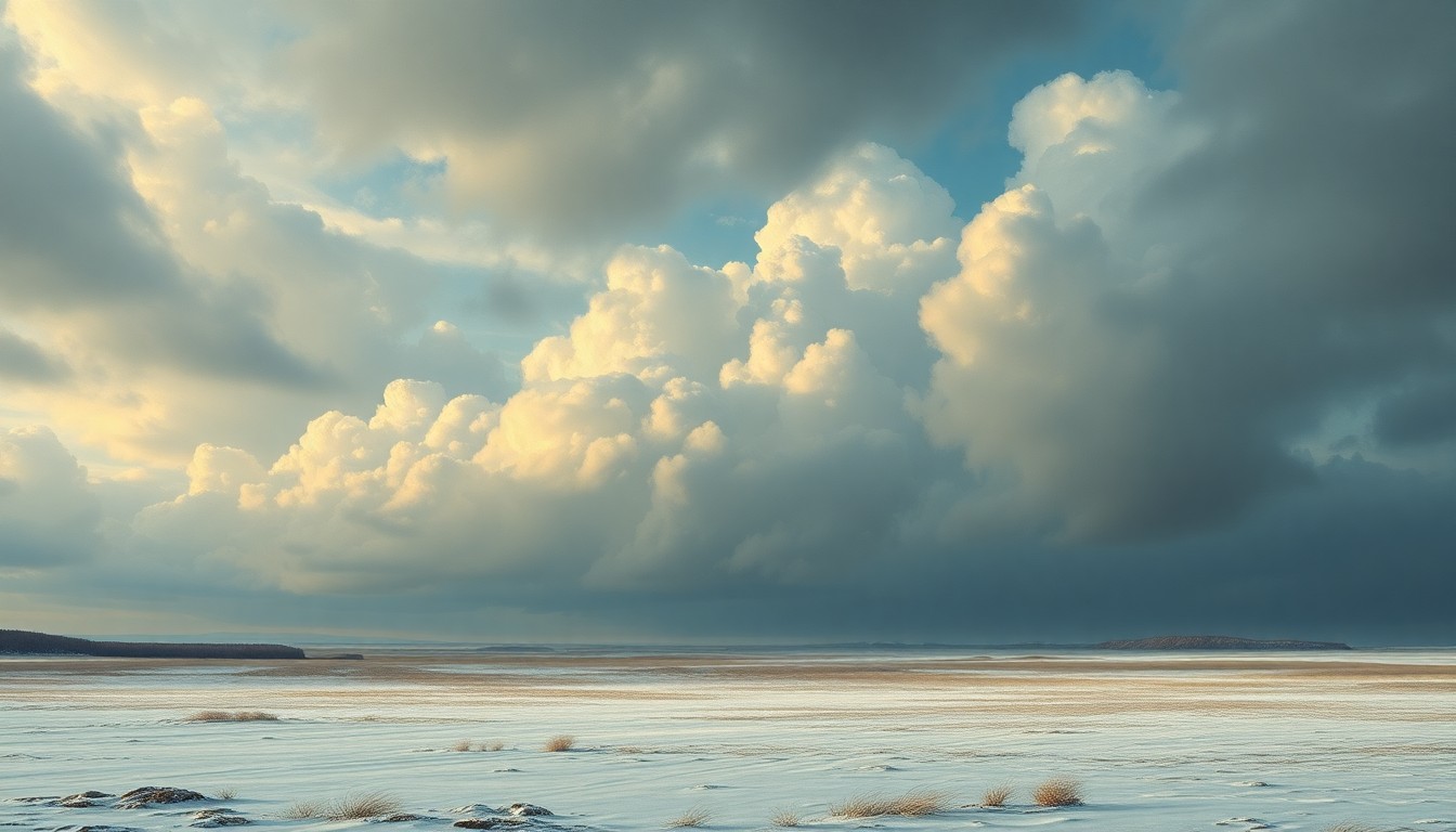 A sweeping, atmospheric landscape painting in muted tones of blue, grey, and white, capturing the overwhelming scale of a frozen, snow-covered field under a dramatic, cloudy sky. The scene conveys the raw power of the natural world, with any physical structures or objects dwarfed by the overwhelming weather conditions.