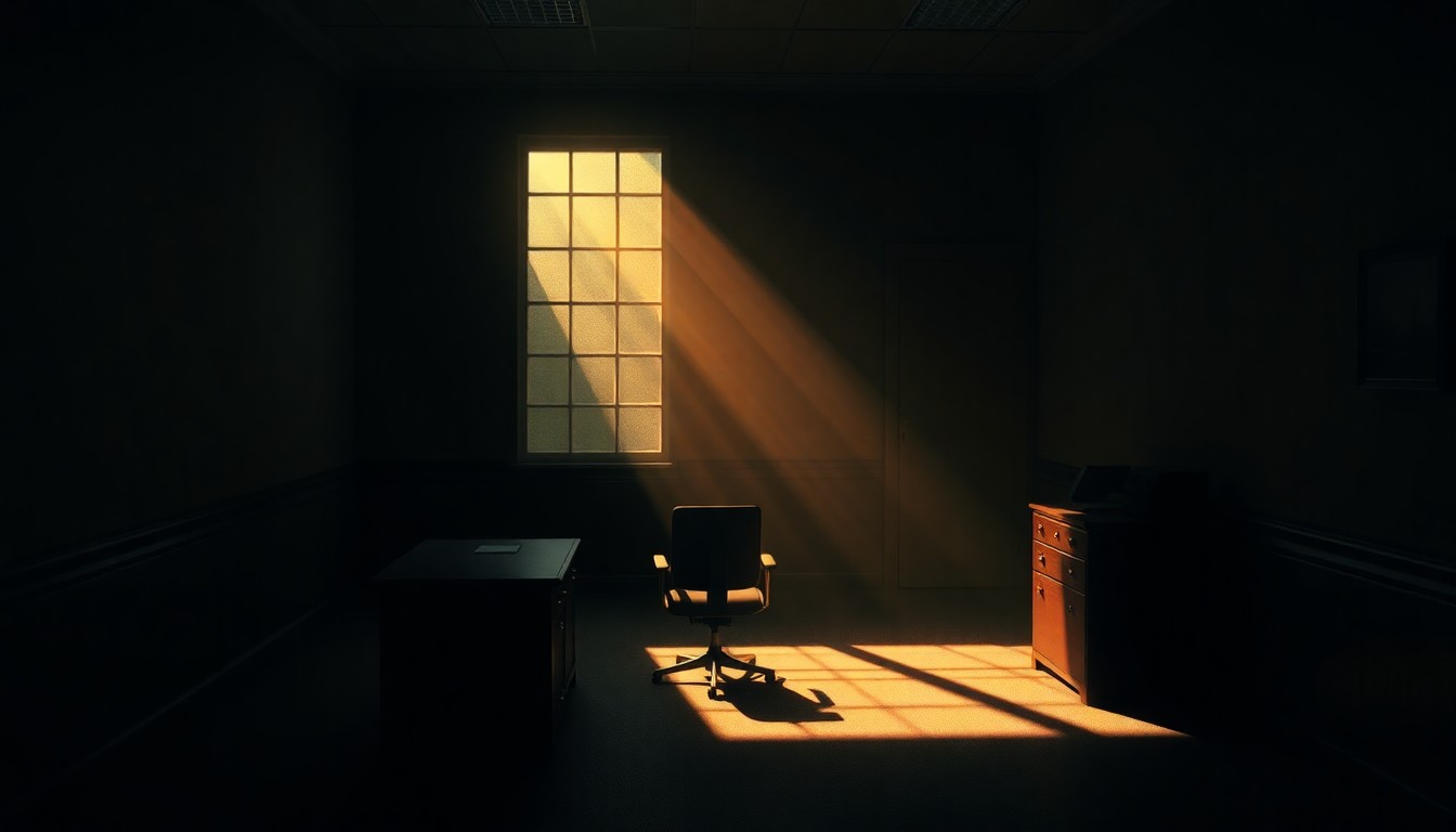 A quiet, cinematic painting of a dimly lit government office interior with a lone desk and chair, bathed in warm, diagonal sunlight and deep shadows, conceptually illustrating the lack of transparency in state politics.