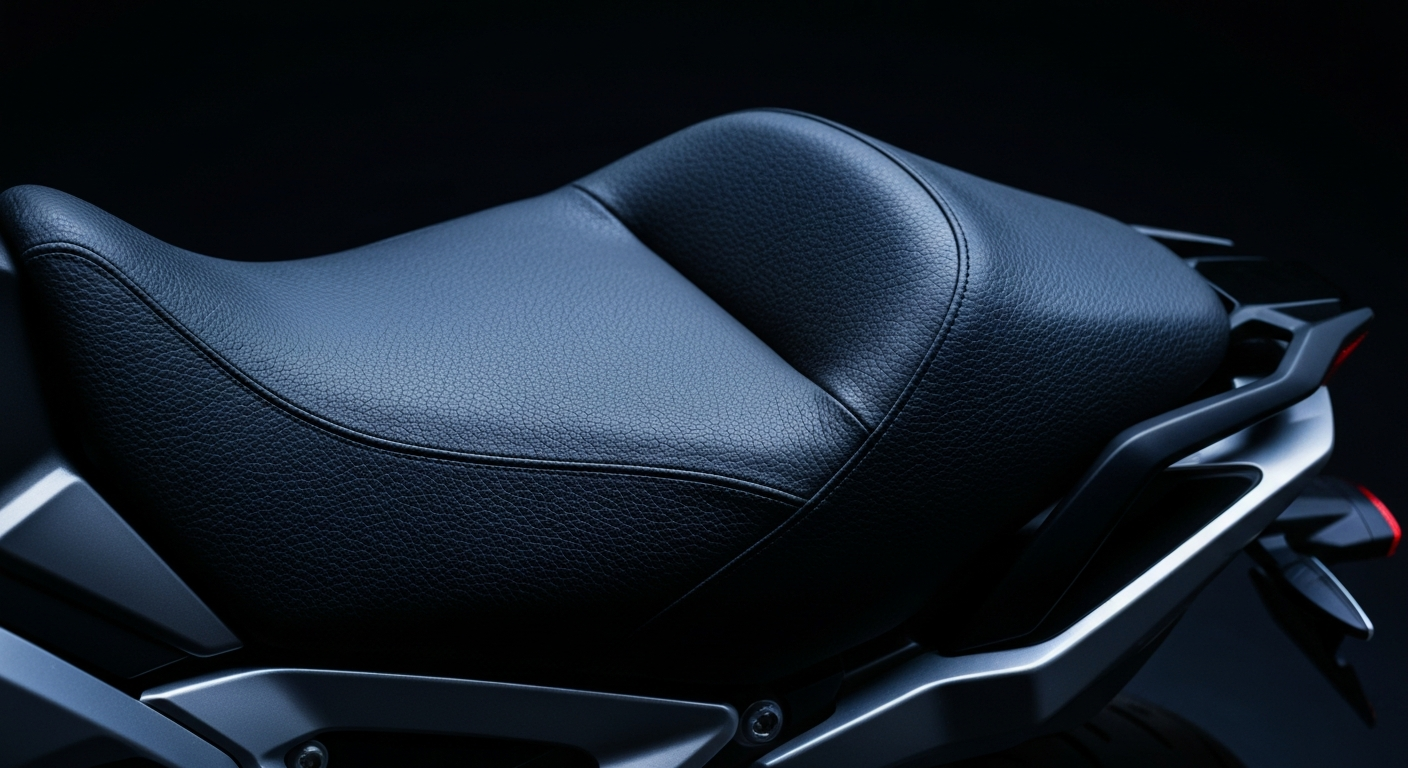 An extreme close-up of the textured leather seat of the 2023 BMW K50 motorcycle, showcasing the rich, pebbled surface and vibrant colors that convey the premium quality and attention to detail of the bike's design.
