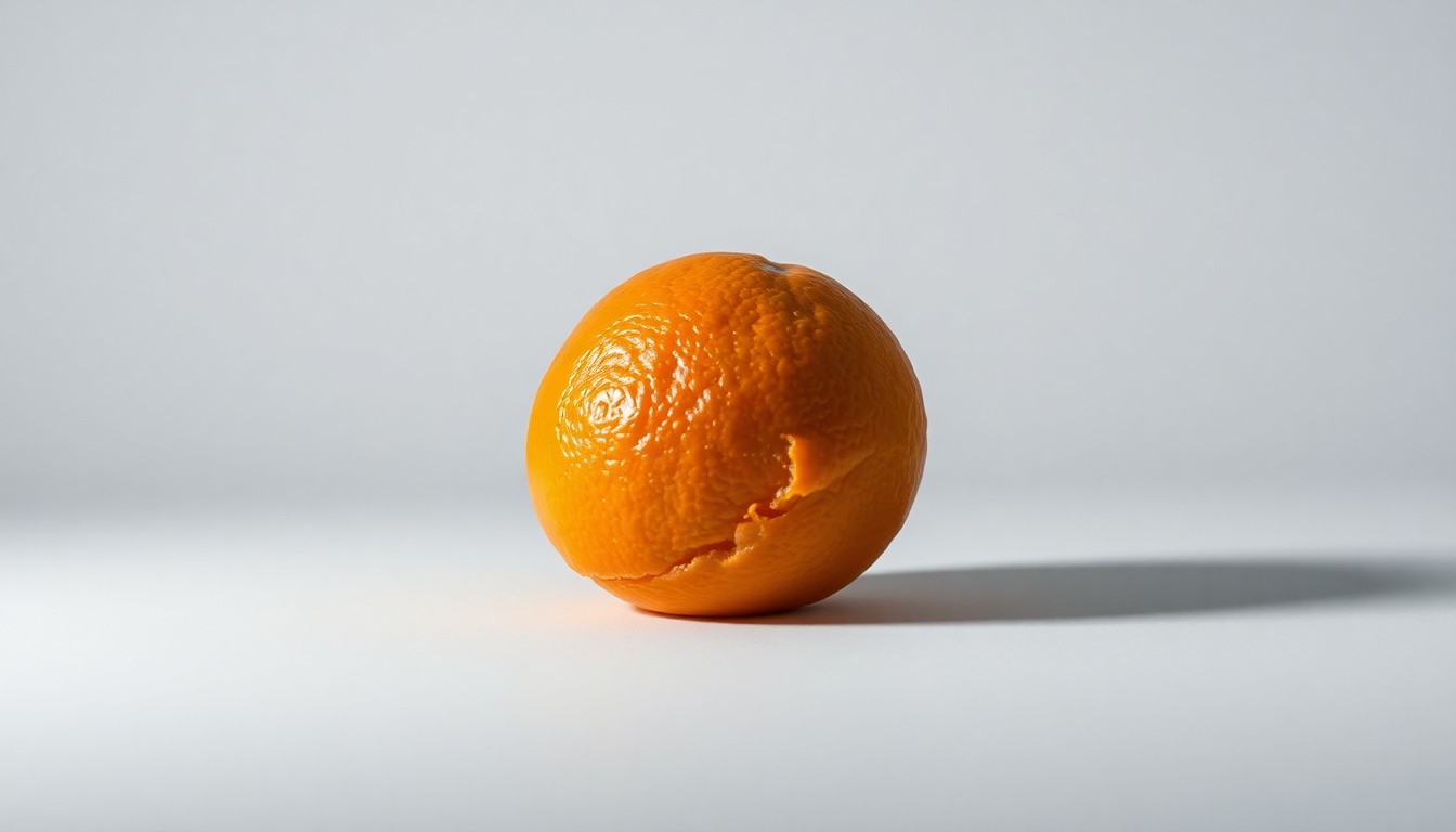 A photorealistic studio still life of a single, partially peeled orange resting on a clean, monochromatic background, using dramatic lighting and shadows to convey the decline of Florida's citrus industry.