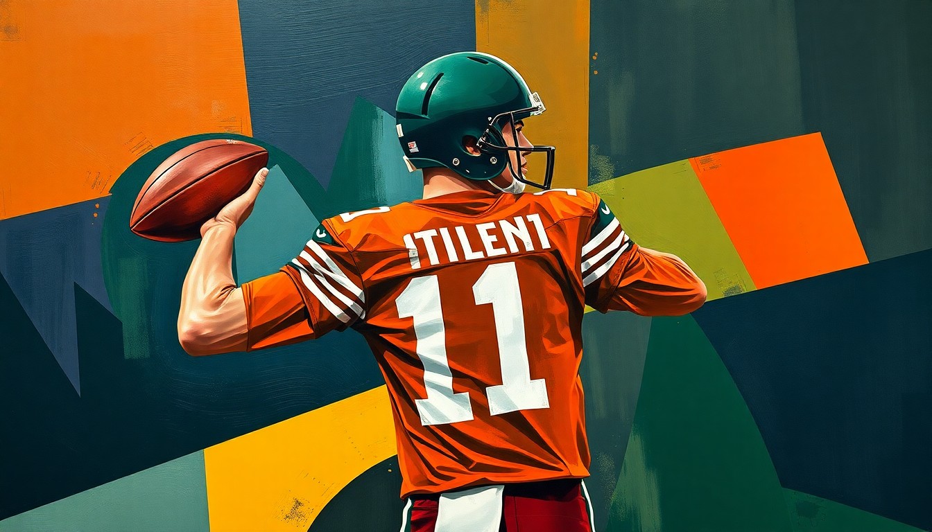 A fragmented, cubist-style painting depicting a quarterback in motion, with sharp planes of navy, green, and orange overlapping to create a dynamic, multi-angled composition.