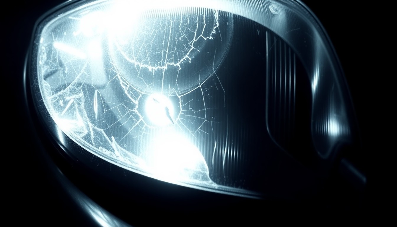 An extreme close-up photograph of a damaged car part, such as a broken side mirror or cracked headlight lens, lit by a harsh, direct camera flash against a pitch-black background, conceptually illustrating the aftermath of the crashes on Shelburne Road.