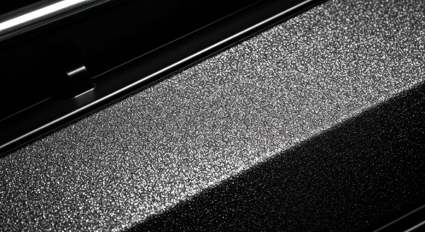 An extreme close-up of a textured, pebbled car bumper material in shades of black, grey, and metallic silver, conceptually illustrating the raw materials and engineering behind automotive lighting and exterior components.
