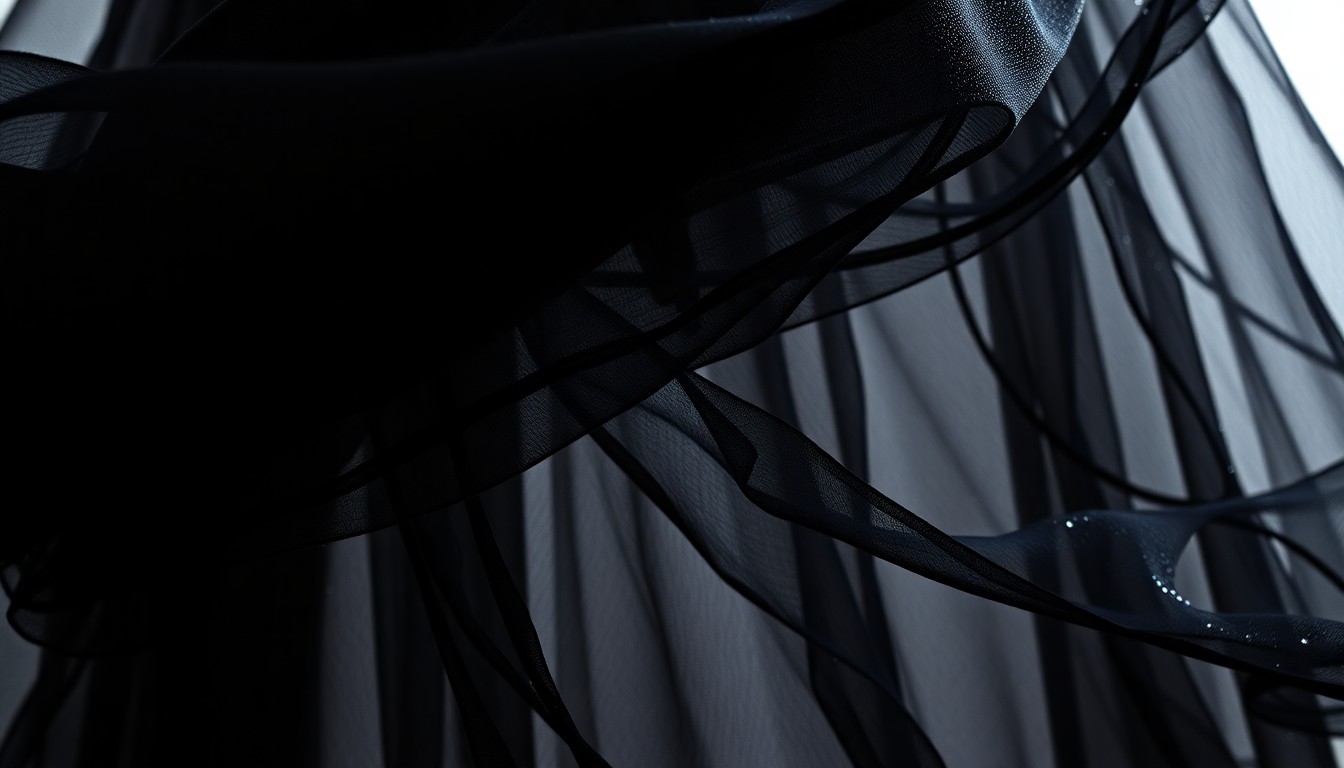 An abstract close-up photograph of shimmering, layered black chiffon fabric, conceptually representing the fluid, see-through texture of Christina Aguilera's red carpet dress.