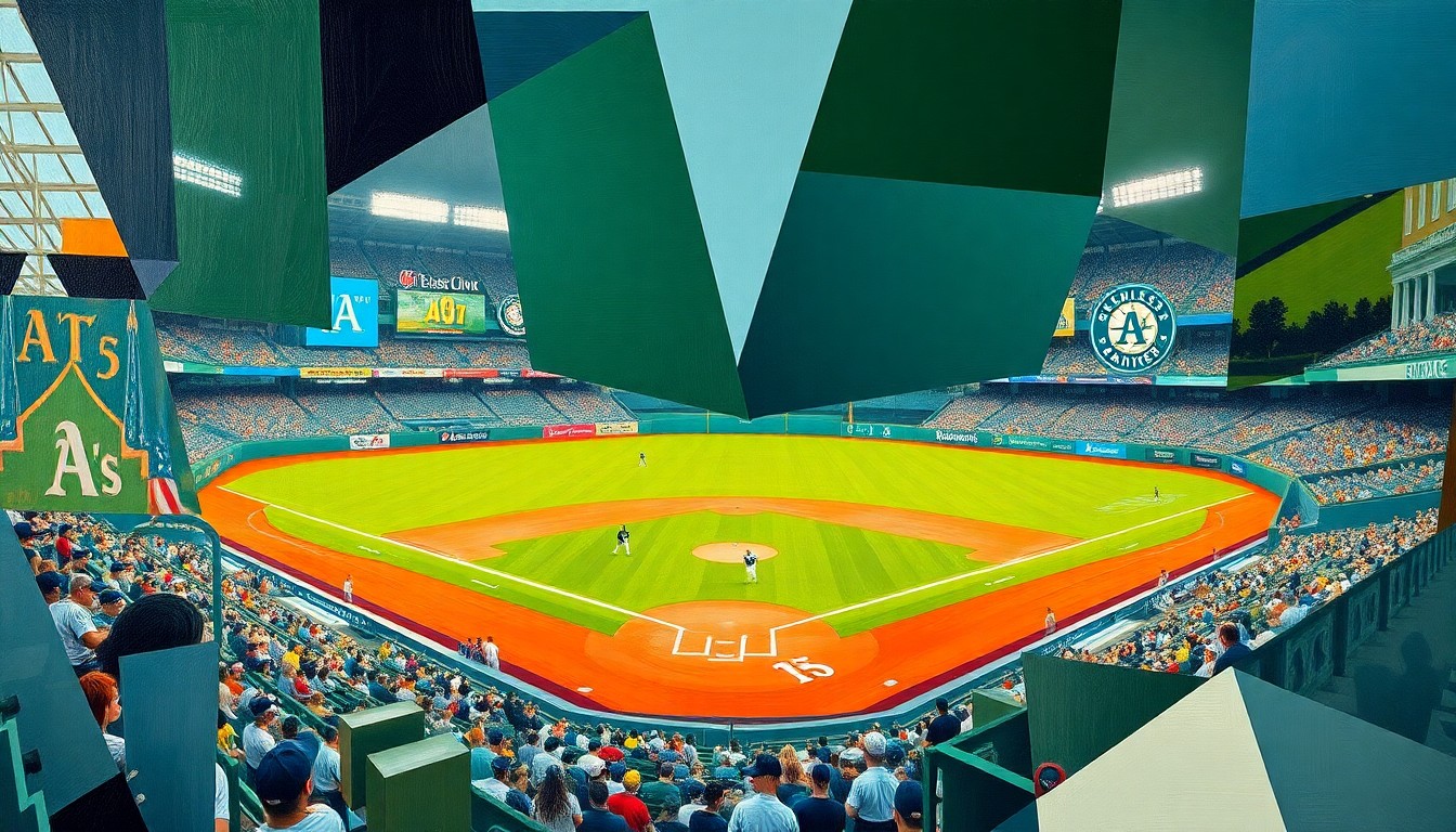 A fractured, geometric painting depicting the motion and energy of a baseball game, with players and field elements broken down into sharp, overlapping planes of color and form.