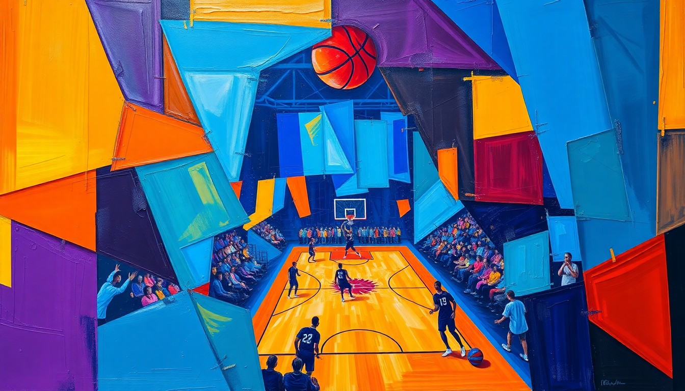 A cubist, geometric painting depicting a basketball game, with overlapping planes of color and shape representing the dynamic action on the court.