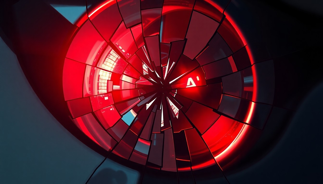 An extreme close-up of a shattered car sensor lens reflecting a faint red light, conceptually illustrating the vandalism of self-driving cars.