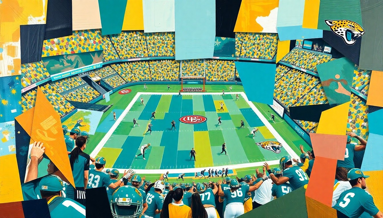 A cubist, geometric painting depicting a fragmented football field with overlapping shapes and planes in the Jaguars' teal and gold colors, conceptually representing the complex decisions facing the team's offensive line.