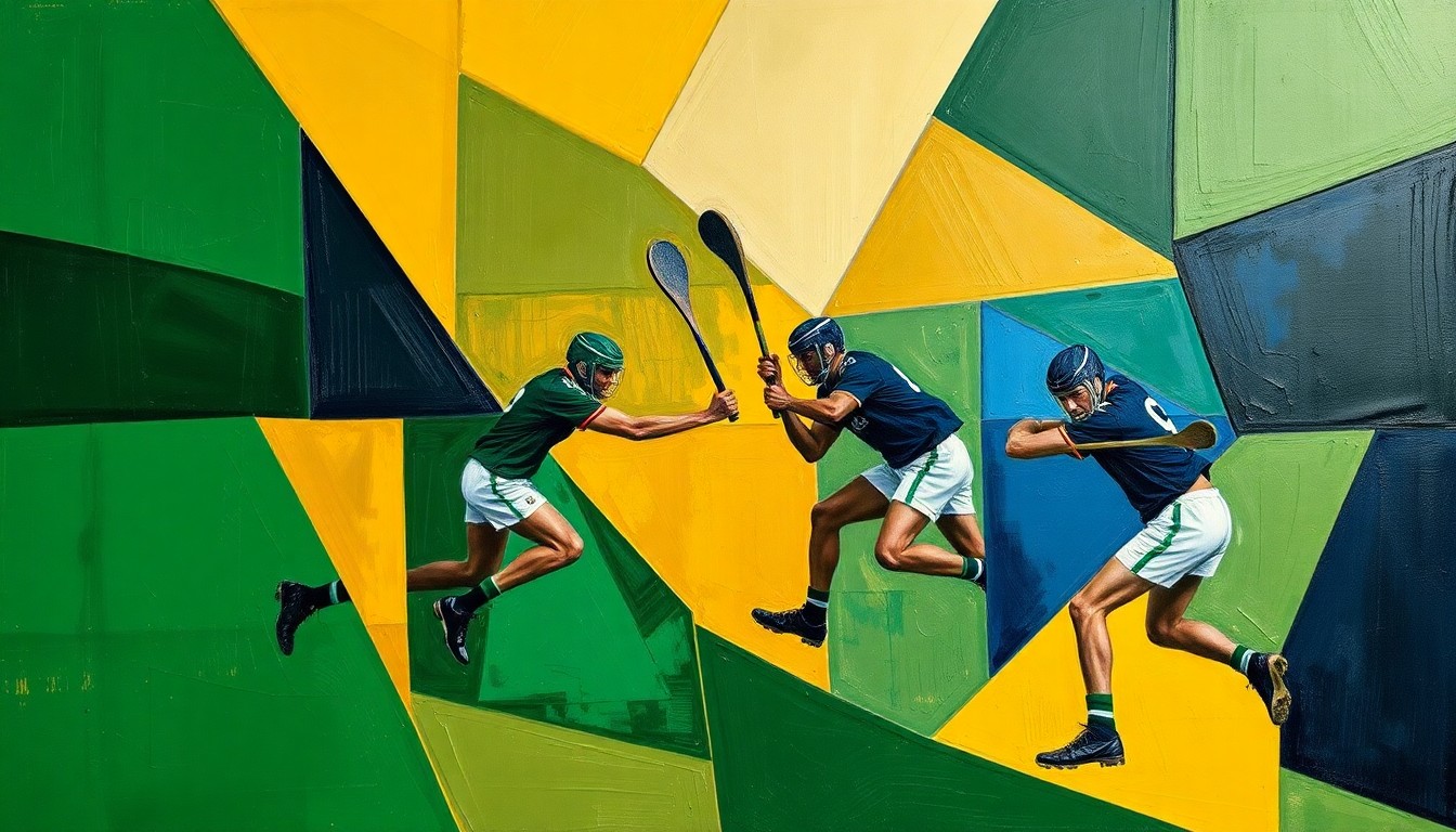 A fragmented, geometric painting depicting a hurling match, with sharp planes of green, blue, and yellow representing the chaotic action on the field.
