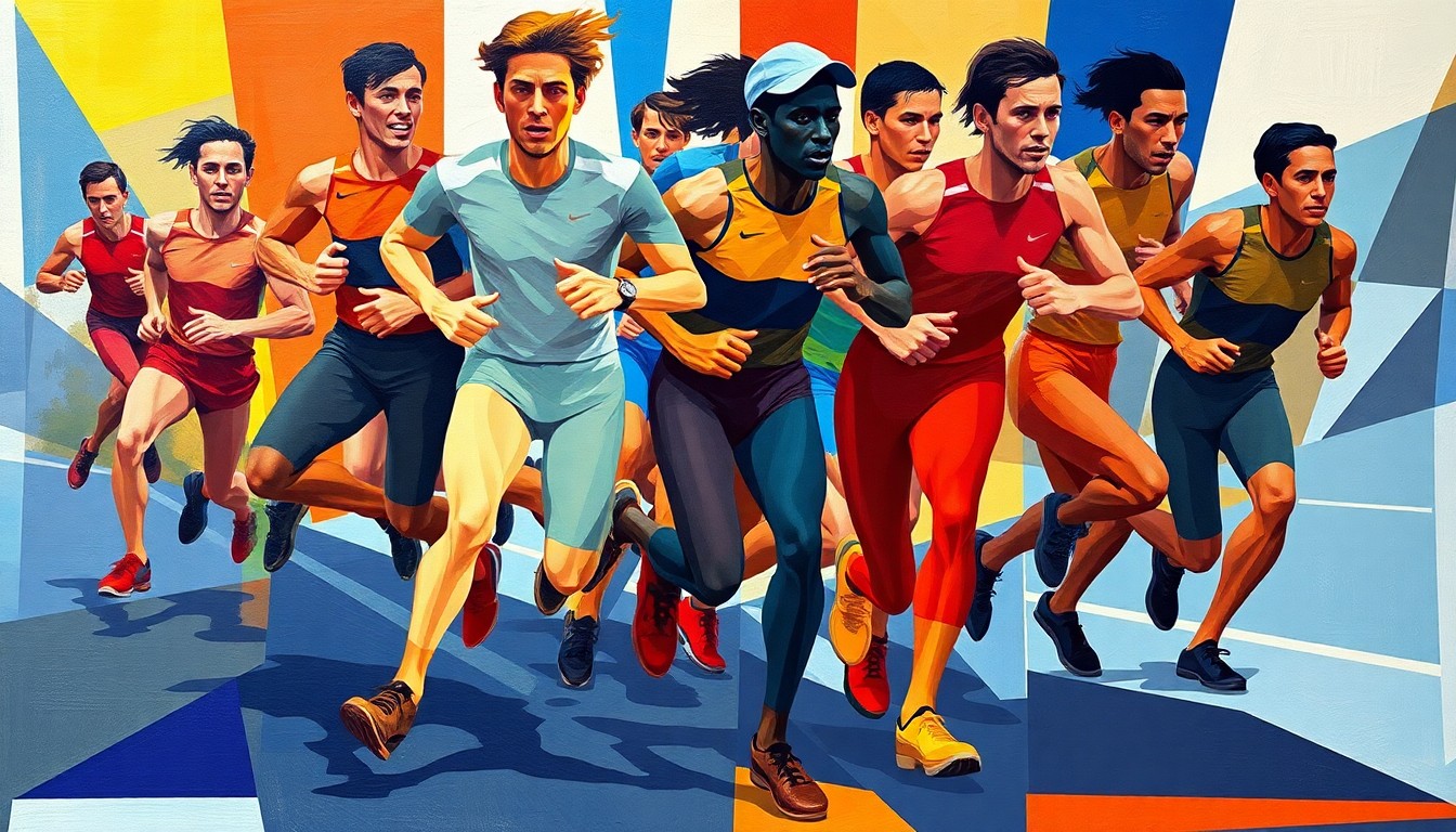 A fractured, geometric painting depicting a group of runners in motion, their bodies and limbs abstracted into sharp, overlapping planes of vibrant color.