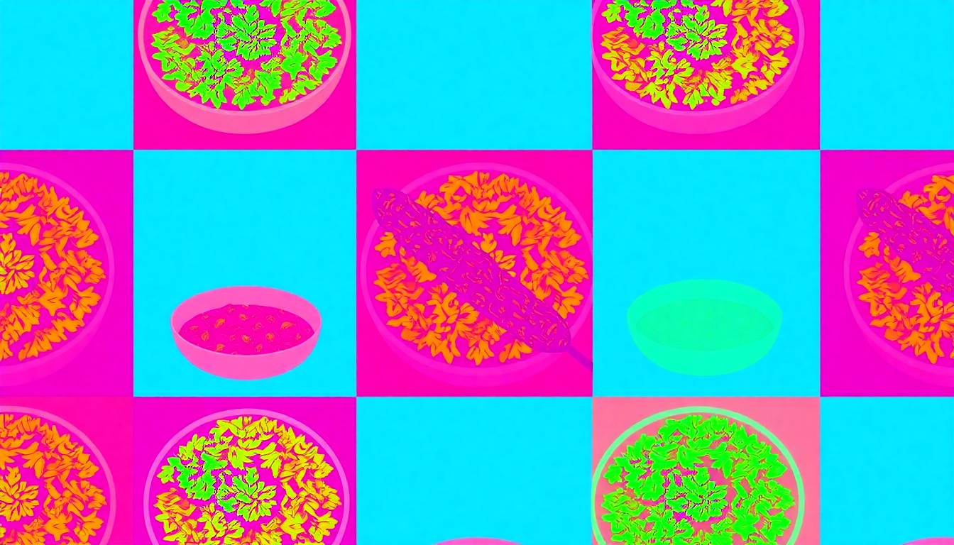 A high-contrast, silkscreen-style grid of a single bowl of jollof rice, conceptually representing the bold, flavorful dishes served at the new build-your-own-bowl restaurant in Carson.