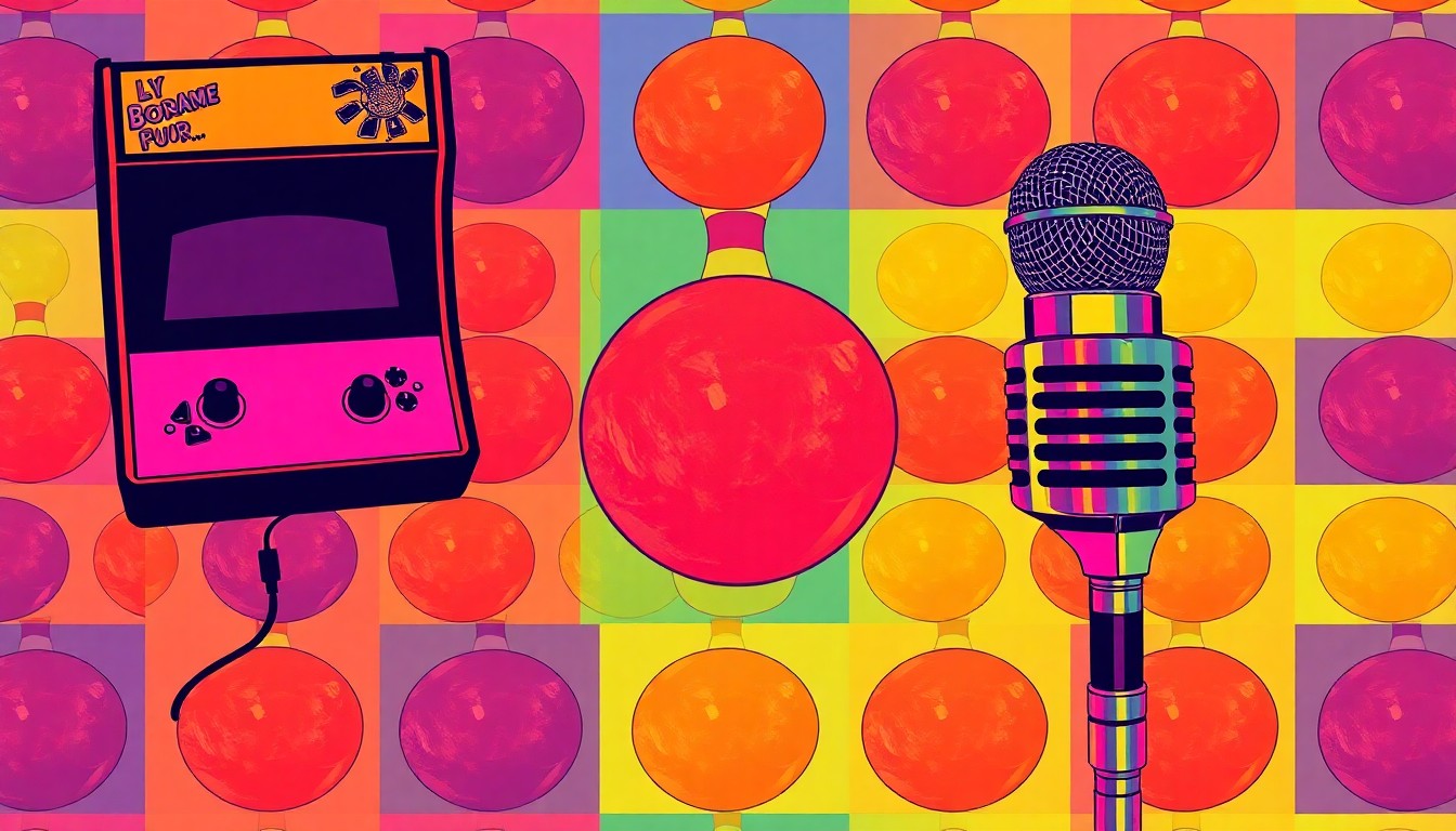 A brightly colored, high-contrast silkscreen print featuring a repeated grid of vintage arcade game controllers, bowling balls, and karaoke microphones in vibrant neon hues, capturing the playful and sophisticated elements of an adult birthday celebration.