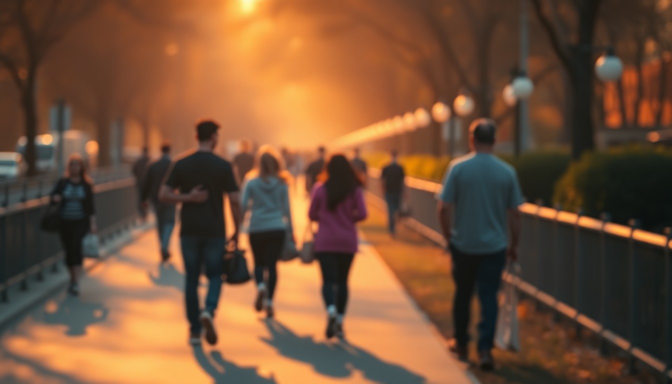 An extremely abstracted, out-of-focus photograph of pedestrians walking along a tree-lined path, with soft pools of warm yellow, orange, and pink light creating a dreamlike, atmospheric scene that captures the celebratory mood of the good news project.