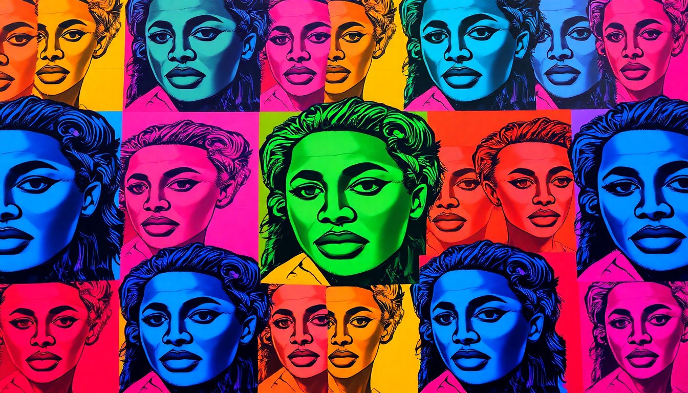 A high-contrast, silkscreen-style grid of a single iconic Atlanta mural, rendered in a bold, neon color palette that captures the energy and creativity of the city's street art scene.