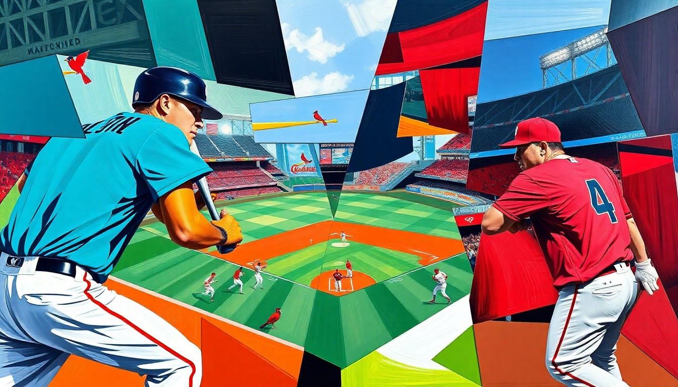 A fragmented, geometric painting depicting a baseball game between the Miami Marlins and St. Louis Cardinals, with the players' uniforms and the field breaking down into sharp, overlapping planes of vibrant colors.