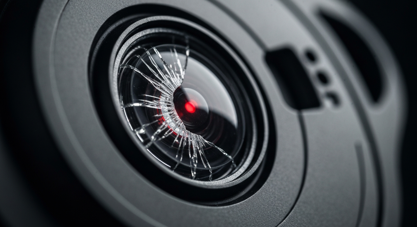 An extreme close-up of a shattered car sensor lens reflecting a faint red light, conceptually illustrating the vandalism of self-driving cars.