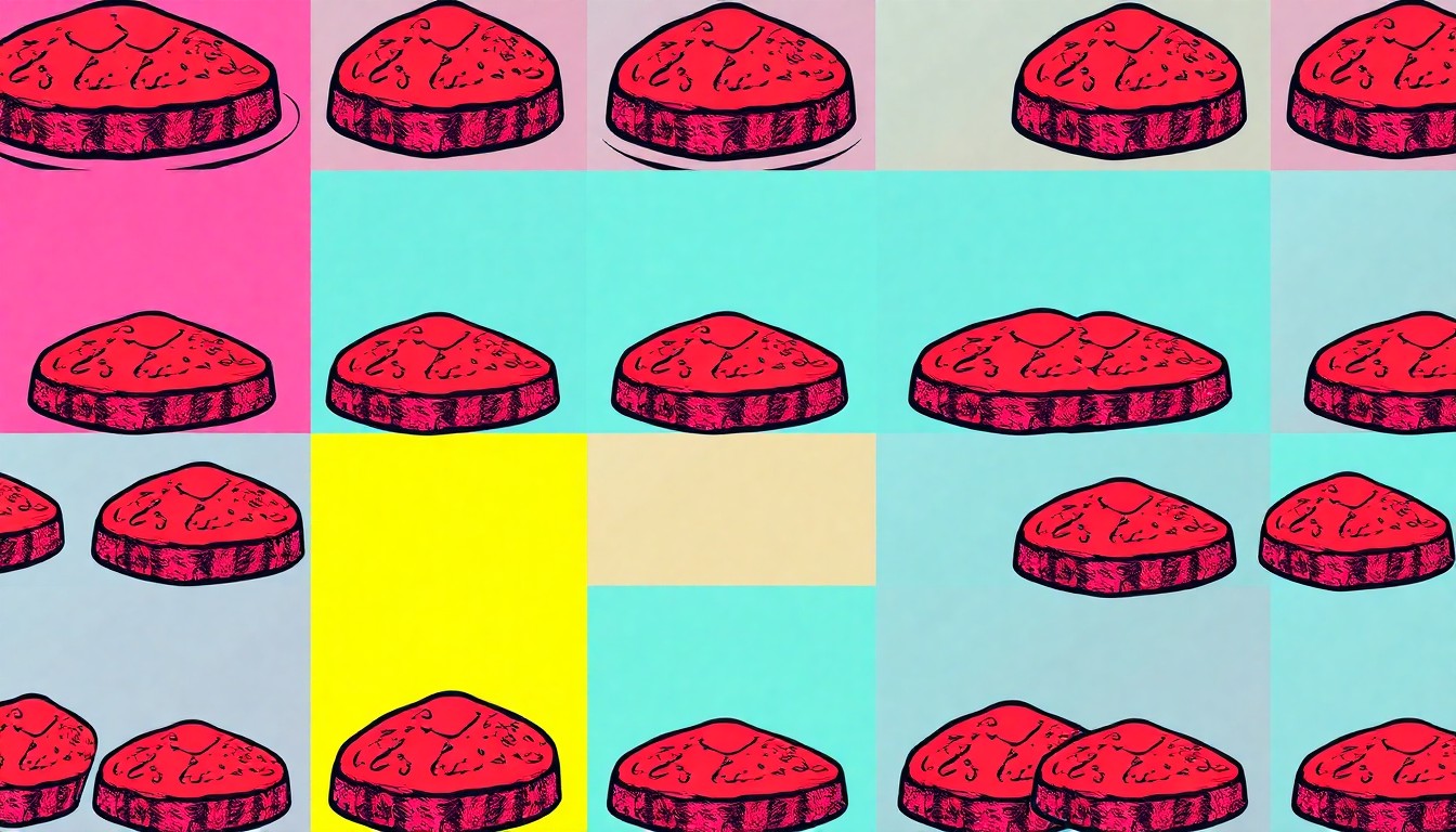 A brightly colored, high-contrast silkscreen print of a single, iconic meatloaf dish repeated in a tight grid pattern, utilizing flat, vibrant, and unnatural neon color palettes overlapping with heavy black photographic outlines to turn this everyday comfort food into modern pop art.
