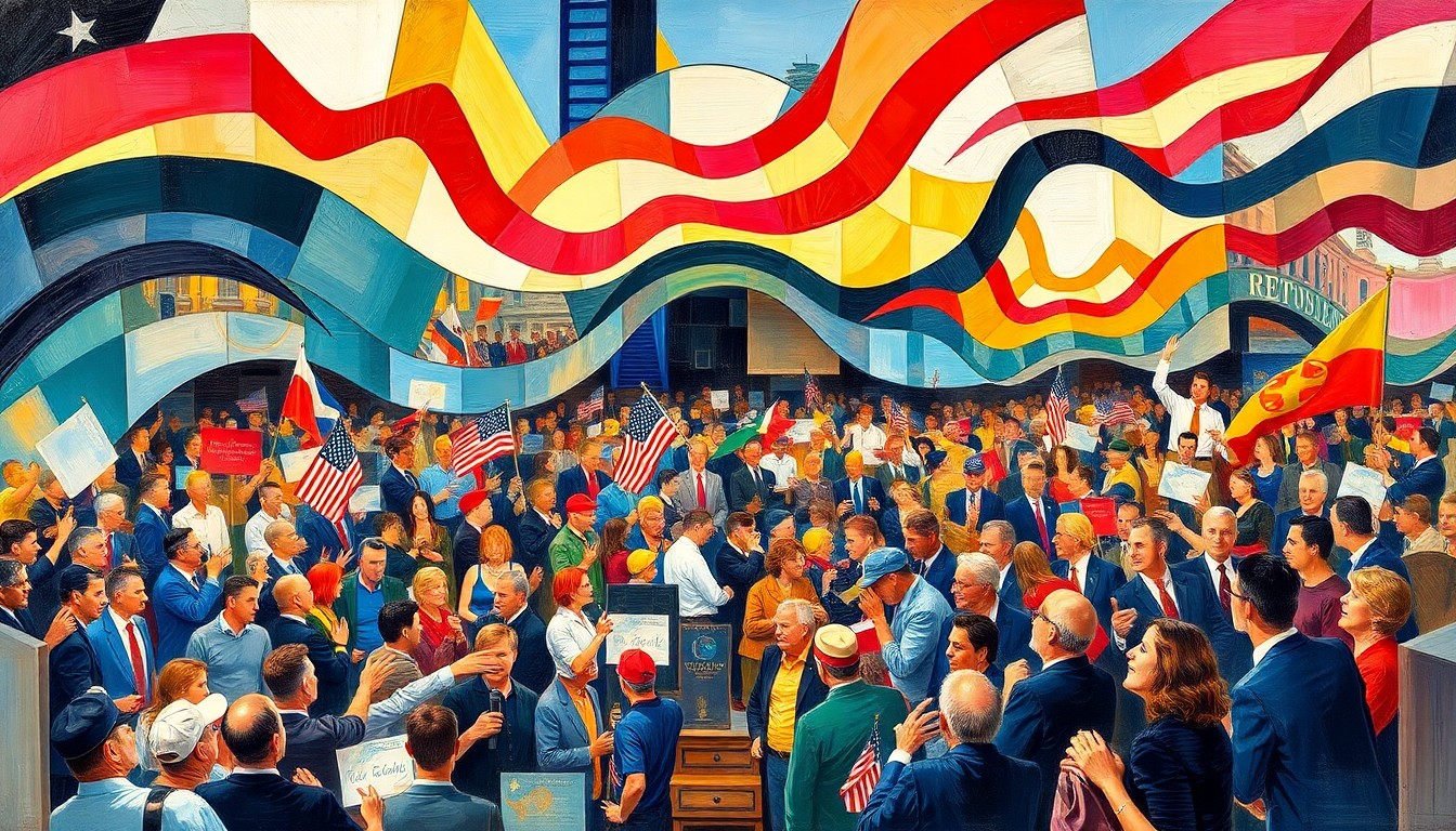 A vibrant, fragmented painting depicting the chaotic energy of a Staten Island political rally, with overlapping geometric shapes and brushstrokes in shades of red, blue, and yellow conveying a sense of movement and tension.