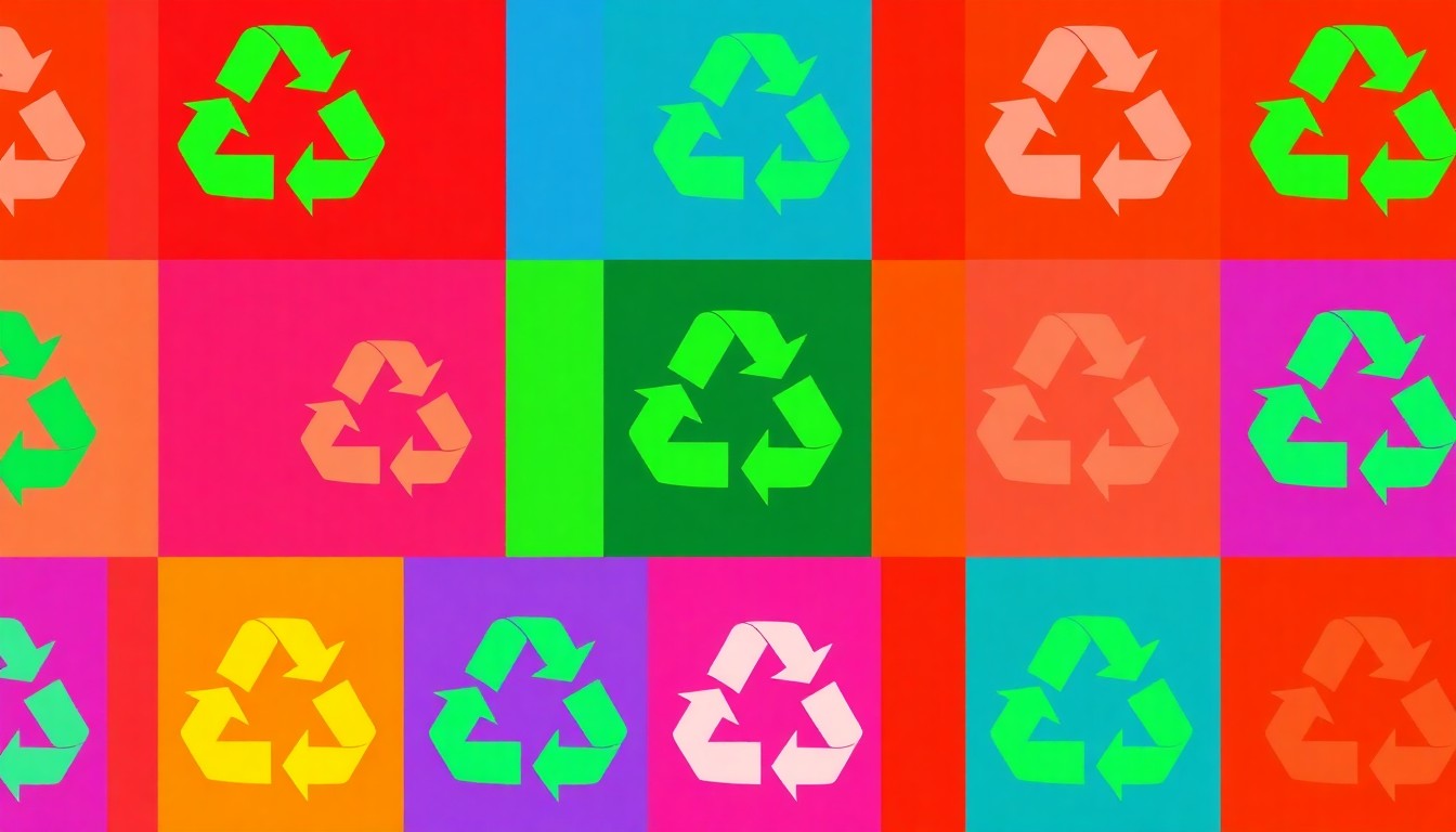 A brightly colored, high-contrast silkscreen print of an iconic recycling symbol repeated in a tight grid pattern, conceptually representing the vibrant community celebration of environmental conservation.