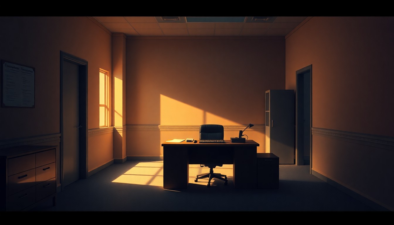 A serene, photorealistic painting of a solitary government worker's desk in an empty, sunlit office, conveying a sense of quiet contemplation and nostalgia for a bygone era of civil service.