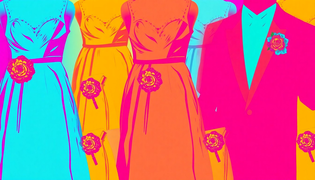 A brightly colored, high-contrast silkscreen print of prom accessories like a dress, corsage, and boutonniere repeated in a tight grid pattern, capturing the celebratory spirit of the 'Moms on Proms' initiative.