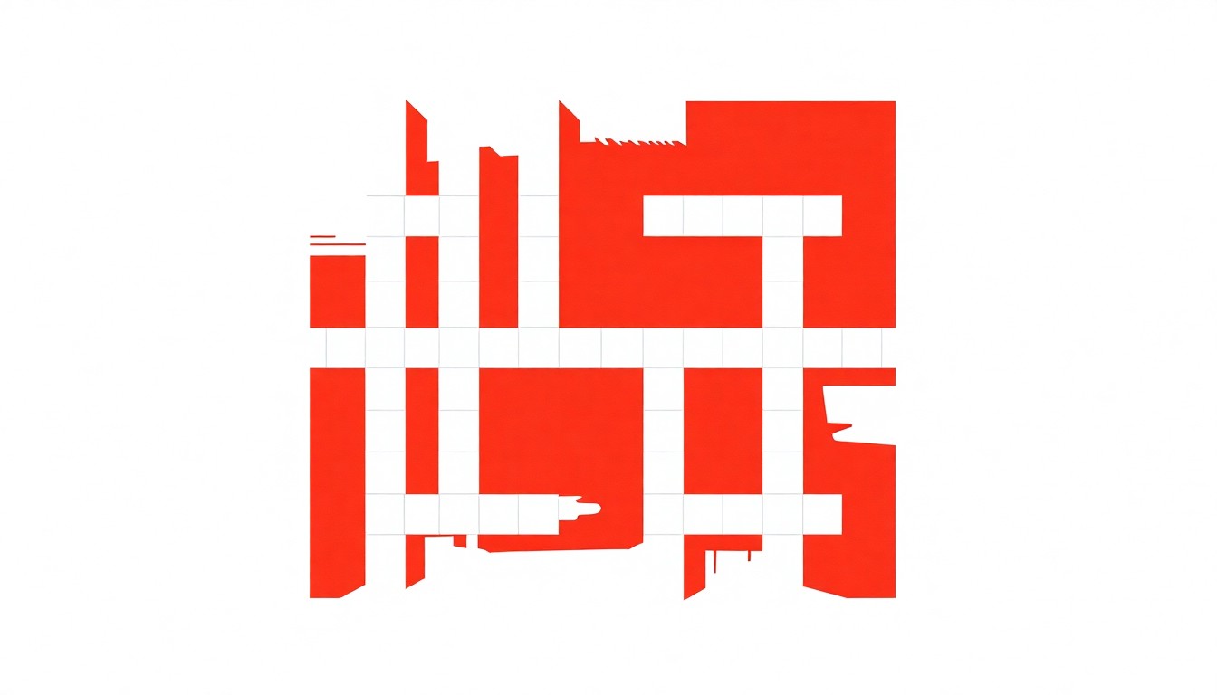 A striking, geometric composition in bold red and white shapes, abstractly representing the LA Times Crossword puzzle without any text or identifiable elements.