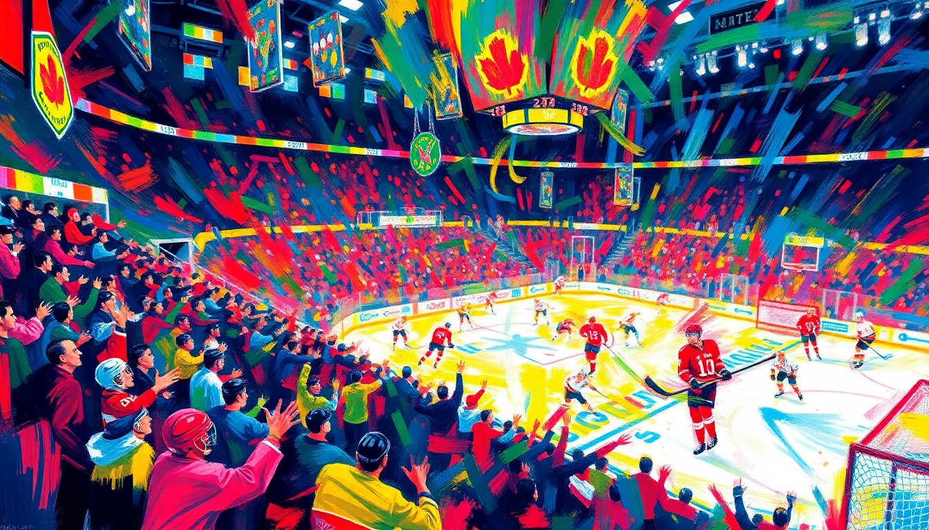 A vibrant, expressionist painting in neon colors depicting the frenetic energy and excitement of a packed hockey arena, with players and fans blending into a chaotic, colorful scene.