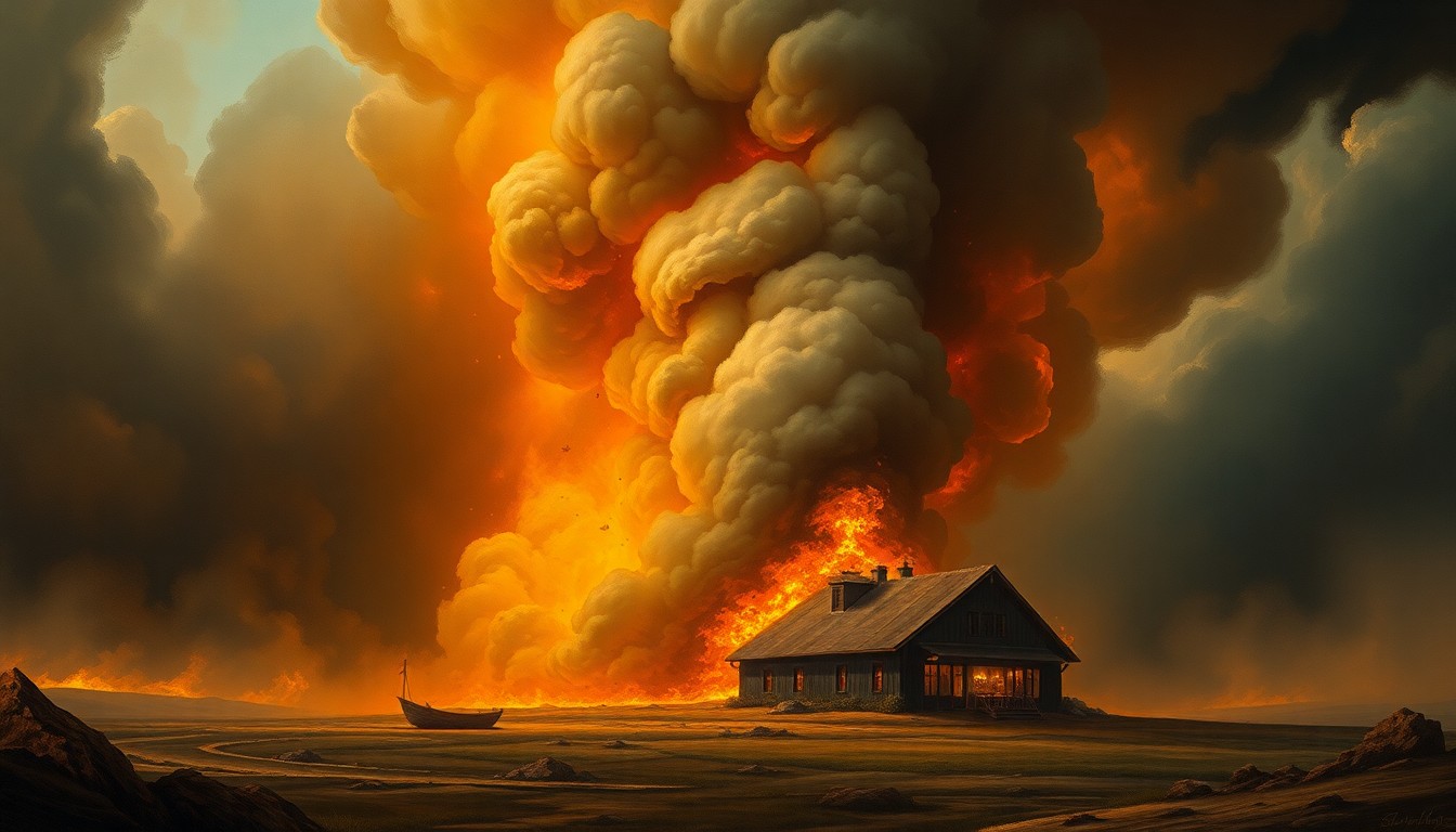 A sweeping, atmospheric landscape painting depicting a small restaurant building consumed by a massive, billowing fire, with the natural power of the flames dwarfing the fragile human structure.