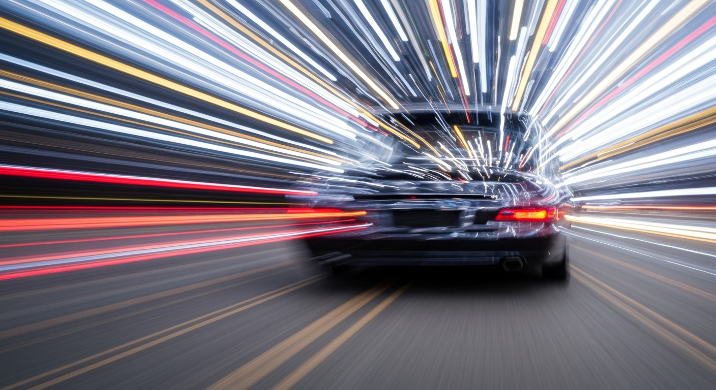 Heavily blurred, abstract streaks of color representing a moving car, conveying a sense of speed, modern engineering, and the dynamic nature of the automotive industry.