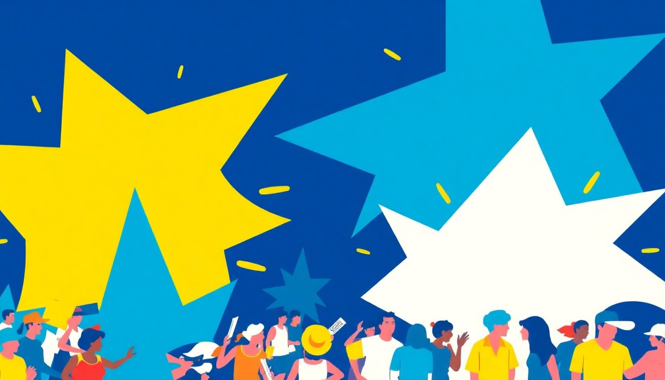 An abstract, minimalist illustration featuring bold, jagged shapes in deep blues, bright whites, and sunny yellows, evoking the energy and movement of a lively parade or festival.