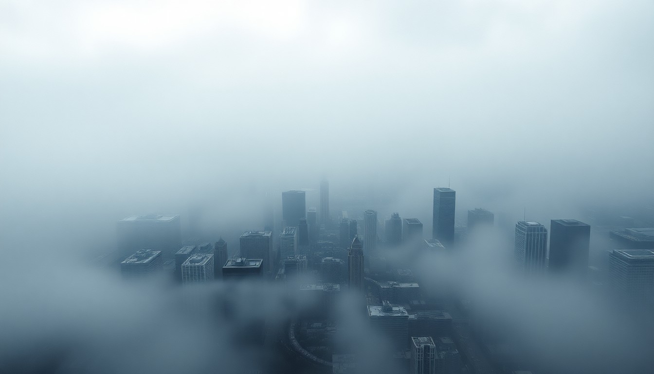 A vast, majestic landscape painting depicting Chicago's skyline shrouded in a heavy, atmospheric fog, with the city's landmarks barely visible against the overwhelming scale of the natural environment.