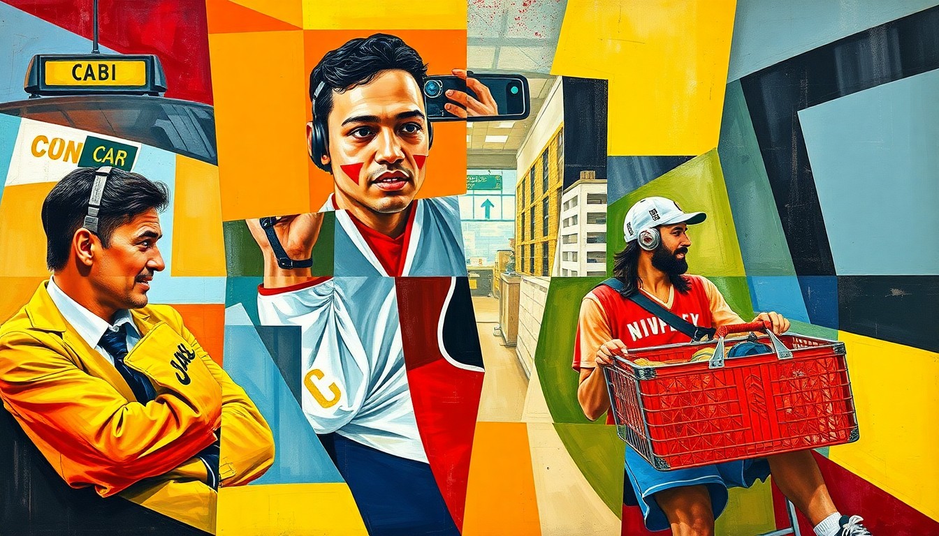 A fragmented, geometric painting that deconstructs the various elements of the story, including transportation, technology, sports, and retail, into a visually striking and conceptual representation.