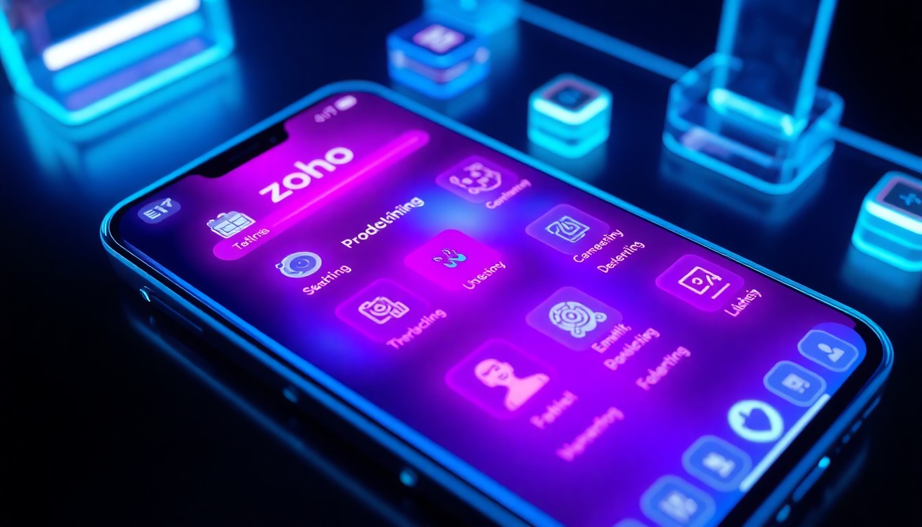 A highly detailed, glowing 3D illustration of a futuristic mobile device interface, with neon cyan and magenta lights illuminating the various productivity tools and features of the Zoho app. The image conceptually represents the app's innovative capabilities and technological advancements.