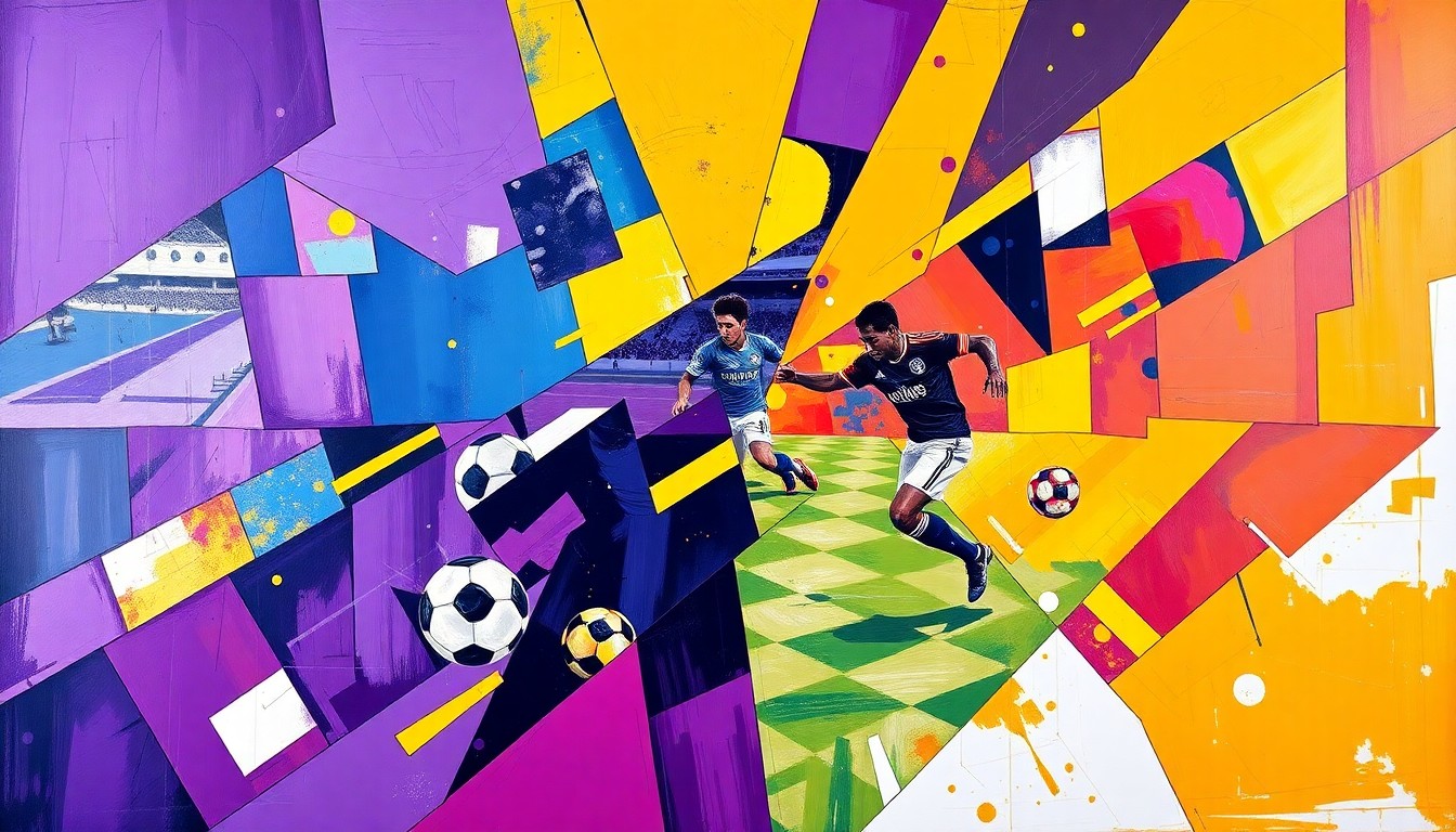 A fractured, multi-perspective painting in bold, geometric shapes and vibrant colors, capturing the energy and dynamics of a soccer match between two teams.