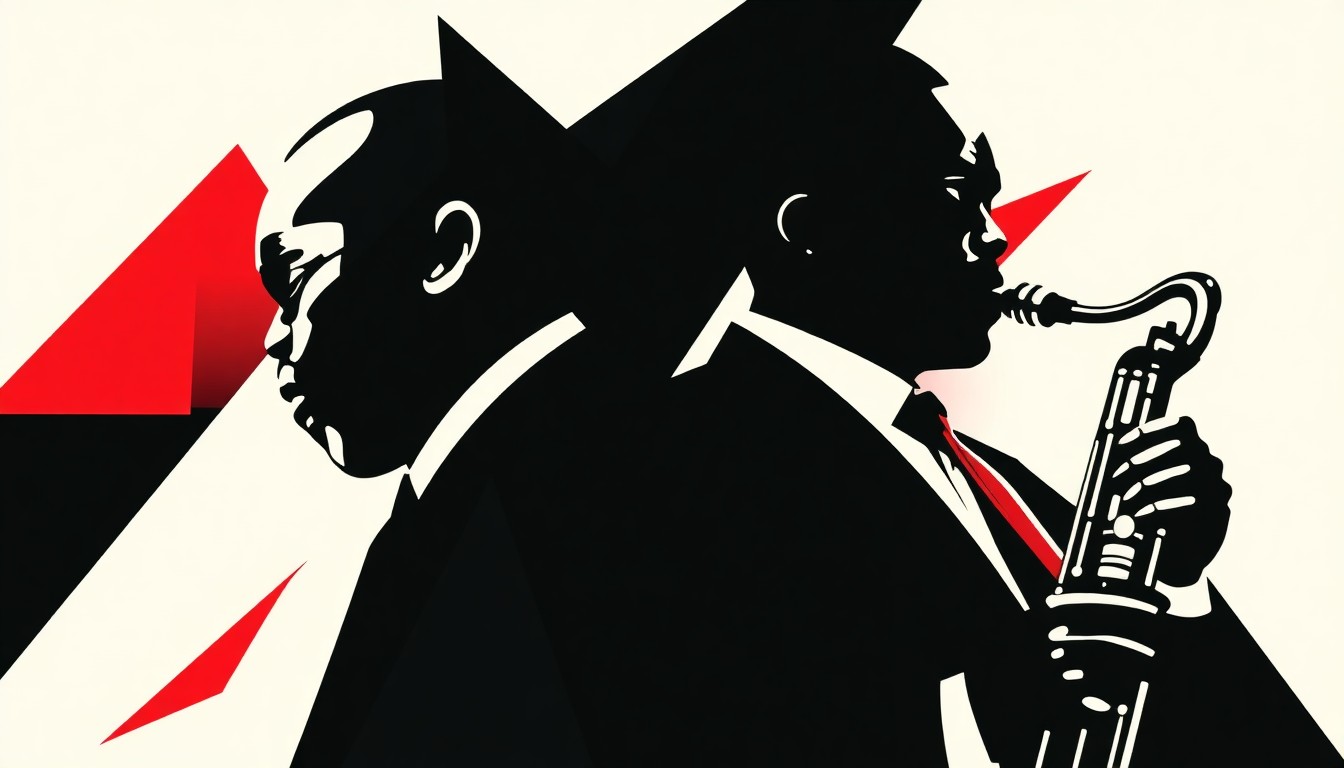 An abstract, minimalist illustration featuring bold, geometric black shapes against a stark white background, conceptually representing the influential musical styles and legacies of jazz legends Miles Davis and John Coltrane.