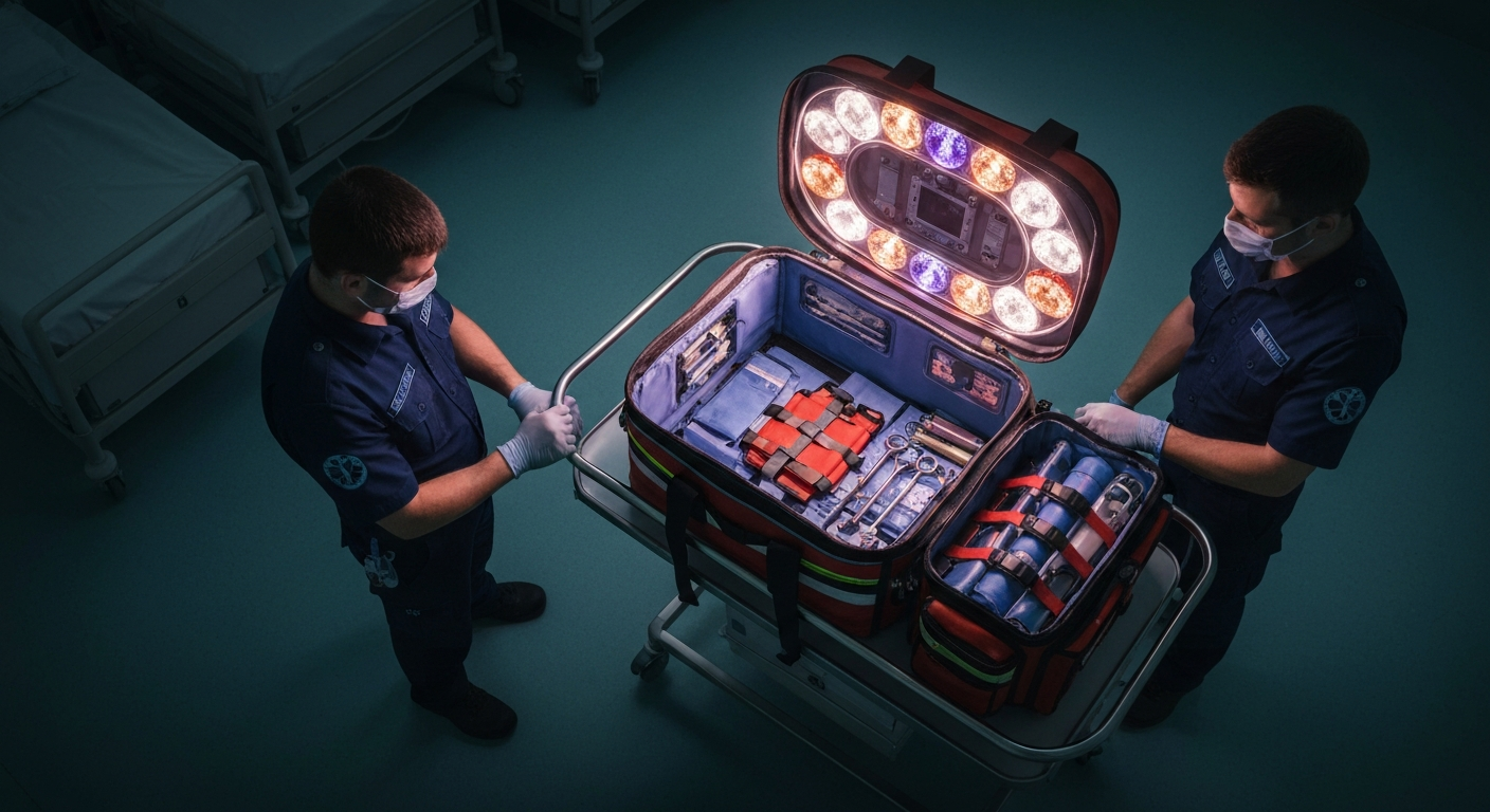 A glowing neon outline of a paramedic's medical bag, surrounded by pulsing lines of light, conceptually representing the community-based healthcare services provided by mobile medics.