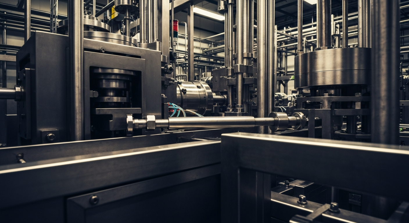An extreme close-up of complex, industrial pharmaceutical manufacturing equipment and machinery, conveying the scale and power of the pharmaceutical industry without using any text or branding.