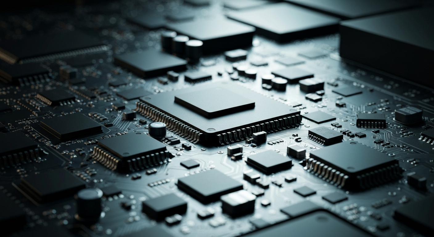 An extreme close-up of a complex circuit board with metallic components and wiring, conveying the technical sophistication and industrial nature of modern semiconductor technology.