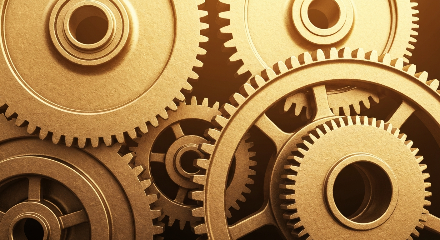 An extreme close-up of shiny, interlocking metal gears and machinery, representing the complex financial infrastructure and institutional investment supporting the pharmaceutical industry.